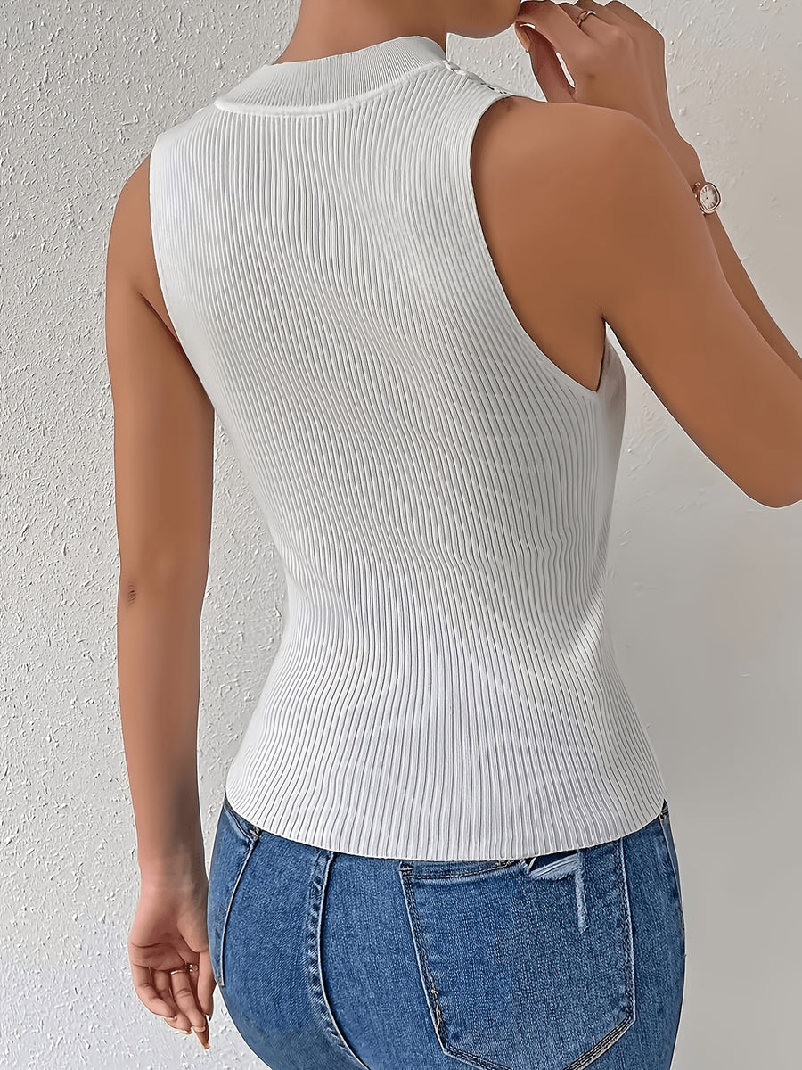 French Lace Elegant Patchwork Mock Neck Vest Top - White