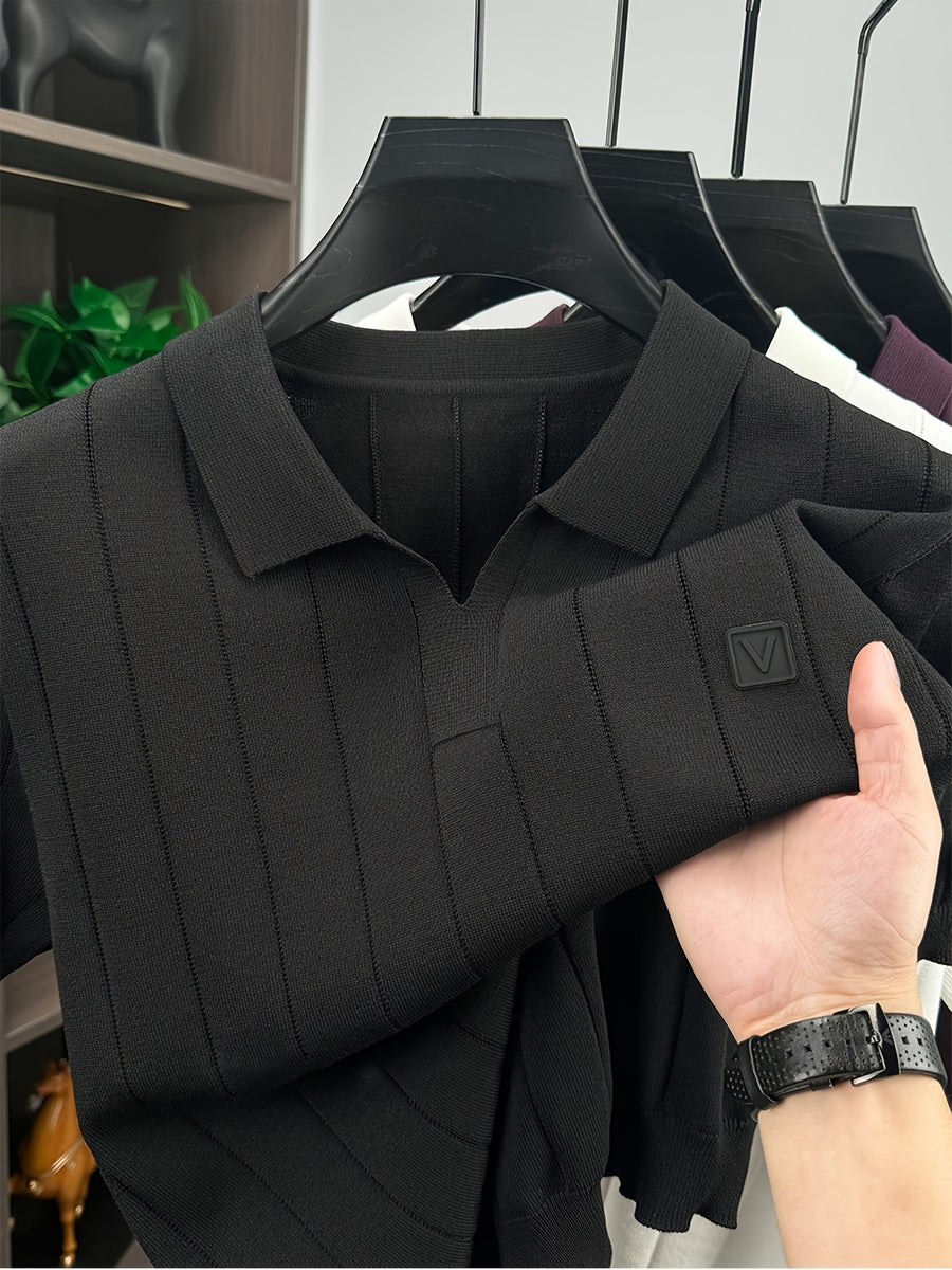 Men'S Knit Polo Shirt Short Sleeve V-Neck Vertical Stripes, Business Casual Spring Summer Commute Top, 1pc Multi-Occasion Ready - Black
