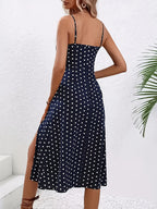 Elegant Spaghetti Strap Sleeveless Polka Dot Print Hemline Slit Spring/summer Women's Dress - Navy blue color