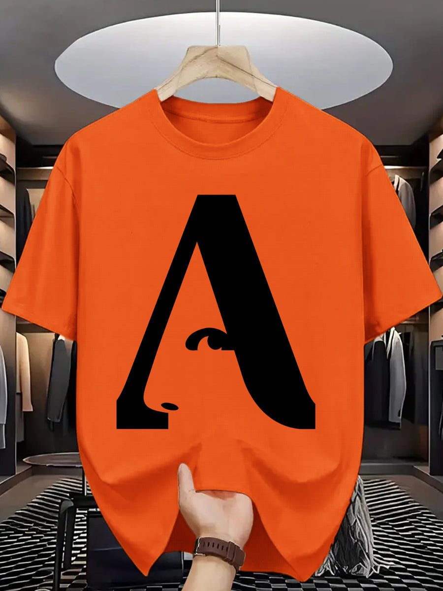 Men's T-Shirt with Letter A Print - Casual Wear - Orange