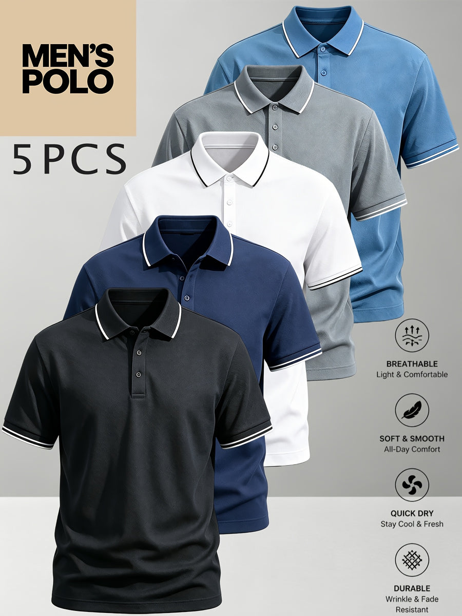 5pcs Set of Men'S Classic Short-Sleeve POLO Shirts, Breathable And Wrinkle-Resistant Casual Golf Tops, Multiple Color Combinations, Easy And Elegant, XS-XXL Plus Size Men'S Clothing, Quality Guaranteed, Meeting Daily Needs - Black+navy Blue+white+grey+blue