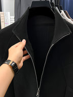 Men's Stand Collar Full-Zip Knit Cardigan, Long Sleeve Outerwear, Ribbed Neckline, Cuffs, and Hem, Two-Way Zipper - SINBOS - Black