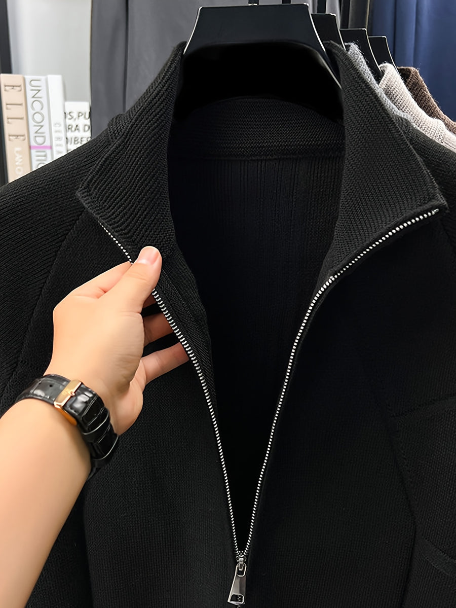 Men's Stand Collar Full-Zip Knit Cardigan, Long Sleeve Outerwear, Ribbed Neckline, Cuffs, and Hem, Two-Way Zipper - SINBOS - Black