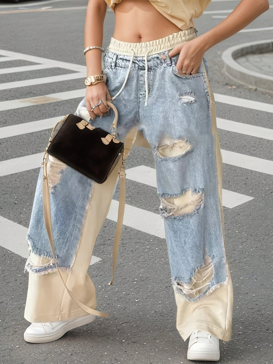 2026SS Ripped Street Style Casual Straight-Leg Jeans with Drawstring Detail, Simple and Versatile Fashion Piece Suitable for All Seasons - Apricot