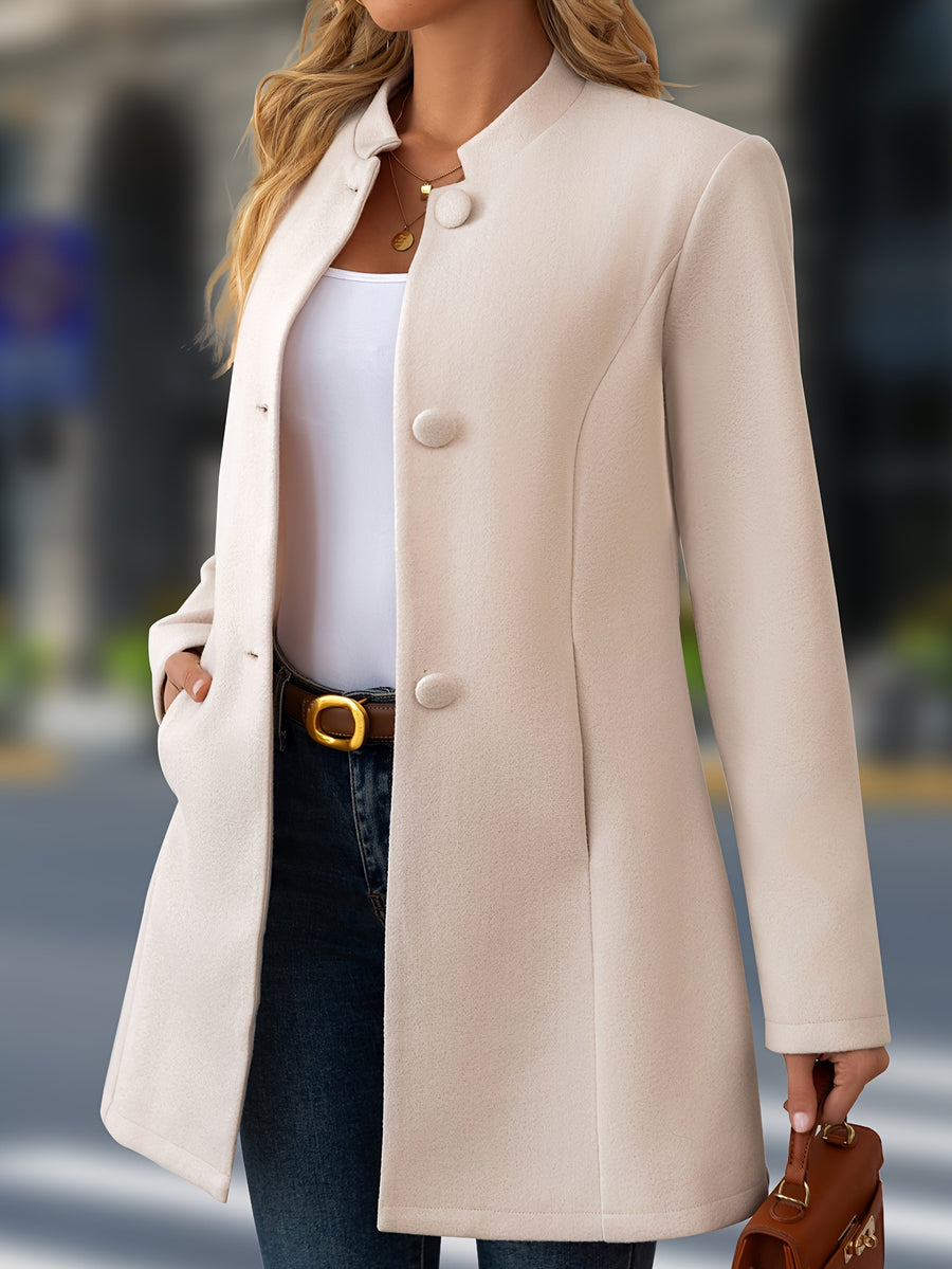 Women's Casual Solid Color Thick Tweed Blend Stand Collar Midi Jacket for Autumn/Winter New Arrival - Apricot