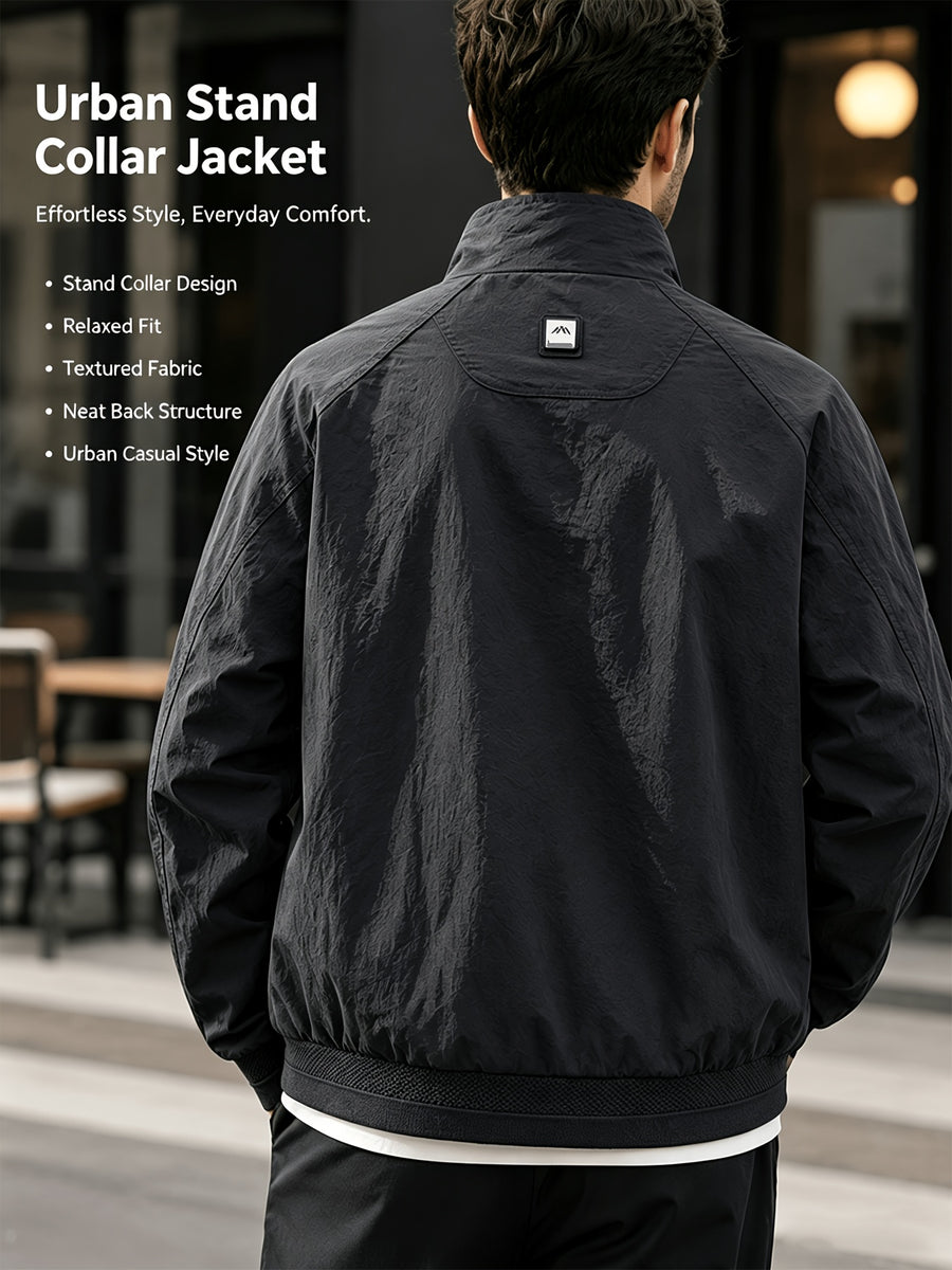 Men'S Stand-Collar Casual Commuter Jacket, Mesh Breathable Lining, Premium Wrinkle-Resistant Easy Care Fabric, Stand-Collar Zipper Closure, Ribbed Cuffs And Hem, Loose Fit Suitable for Business, Commute, And Casual Wear, Multi-Scene Men'S Outerwear - Black