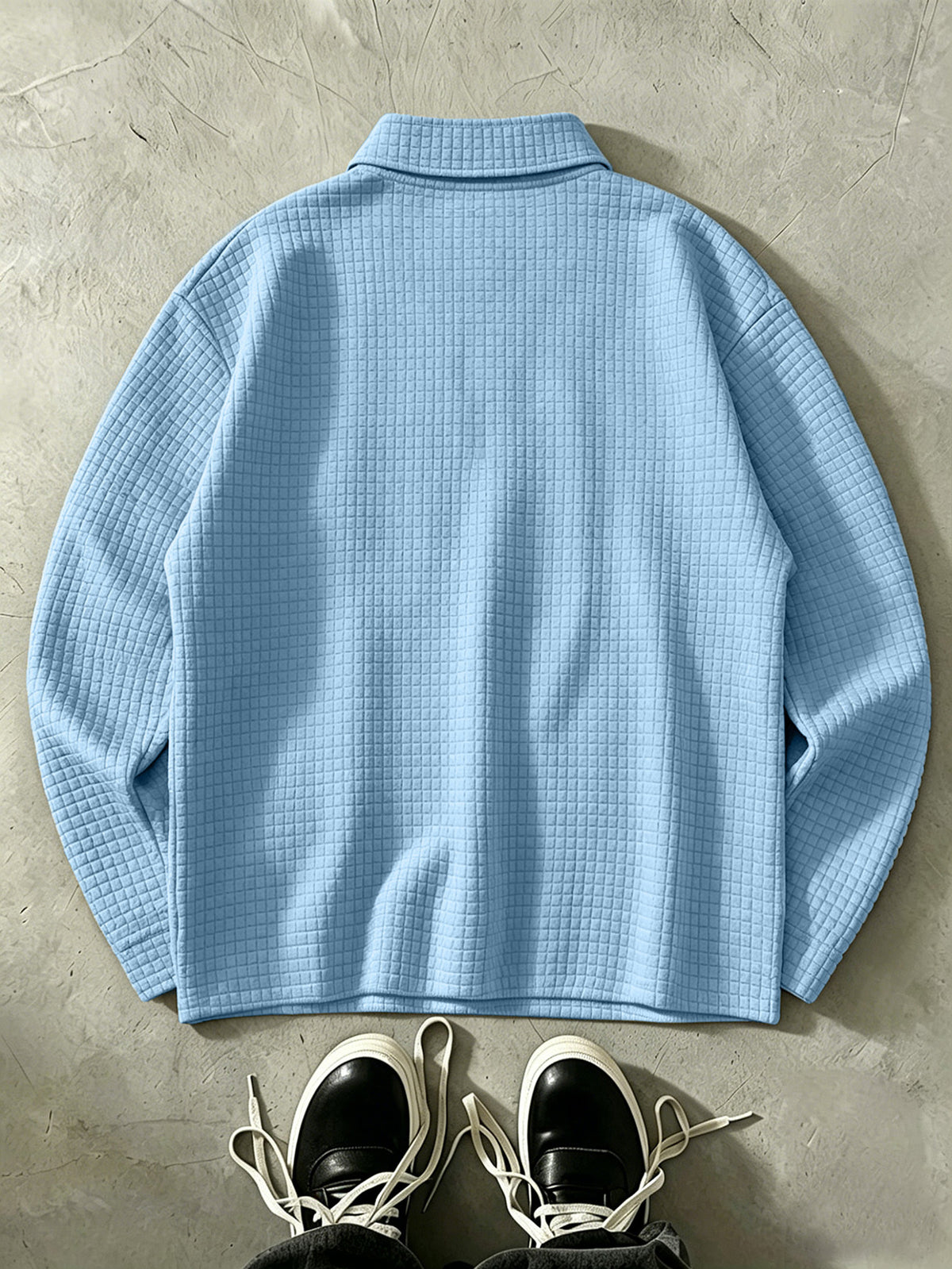 LOS ANGELES Men'S Half-Zip Fashion Waffle Texture Autumn Winter Casual Athletic POLO Shirt Sweatshirt, Street Style Versatile Trendy Long Sleeve Top - Sky Blue