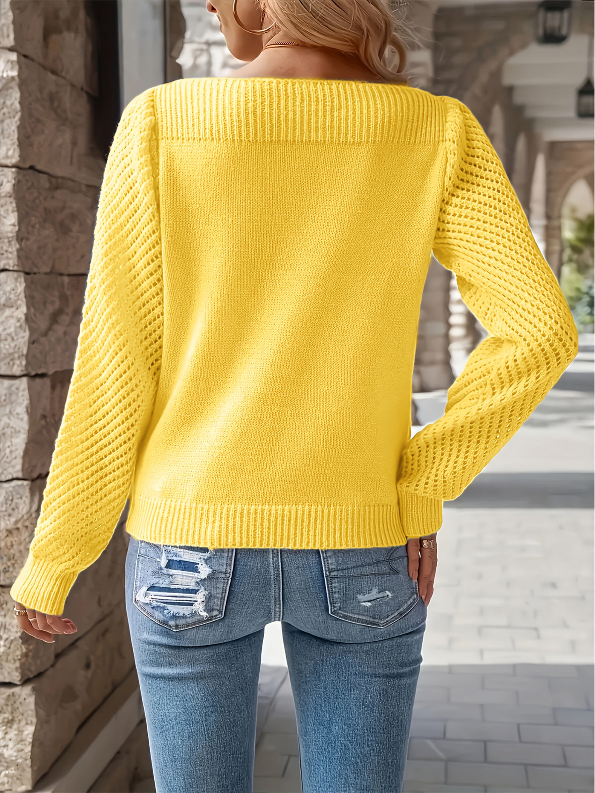 Women's Middle Eastern Style Long-Sleeve Sweater - Solid Color Crewneck Pullover, Regular Fit for Spring/Autumn Casual and Formal Wear, Elegant Series, Cute Style, Daily Comfort, Suitable for Multiple Occasions, Cut-Out Sleeve Design - Yellow