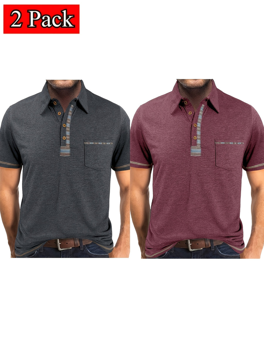 Set of 2 Men'S Short-Sleeve Polo Shirts, Casual Vintage Collared Pocket Tees, Henley Shirts - Black+red