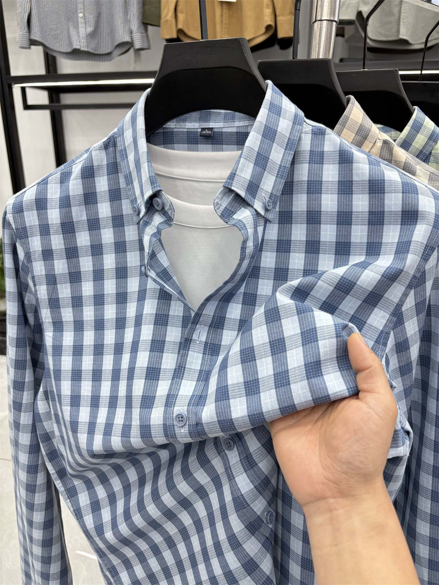 Men's Loose-Fit Thin Plaid Long-Sleeve Shirt for Spring, Summer, and Autumn, New Fashionable Casual Shirt for Young and Middle-Aged Men, Damai - Blue Grid