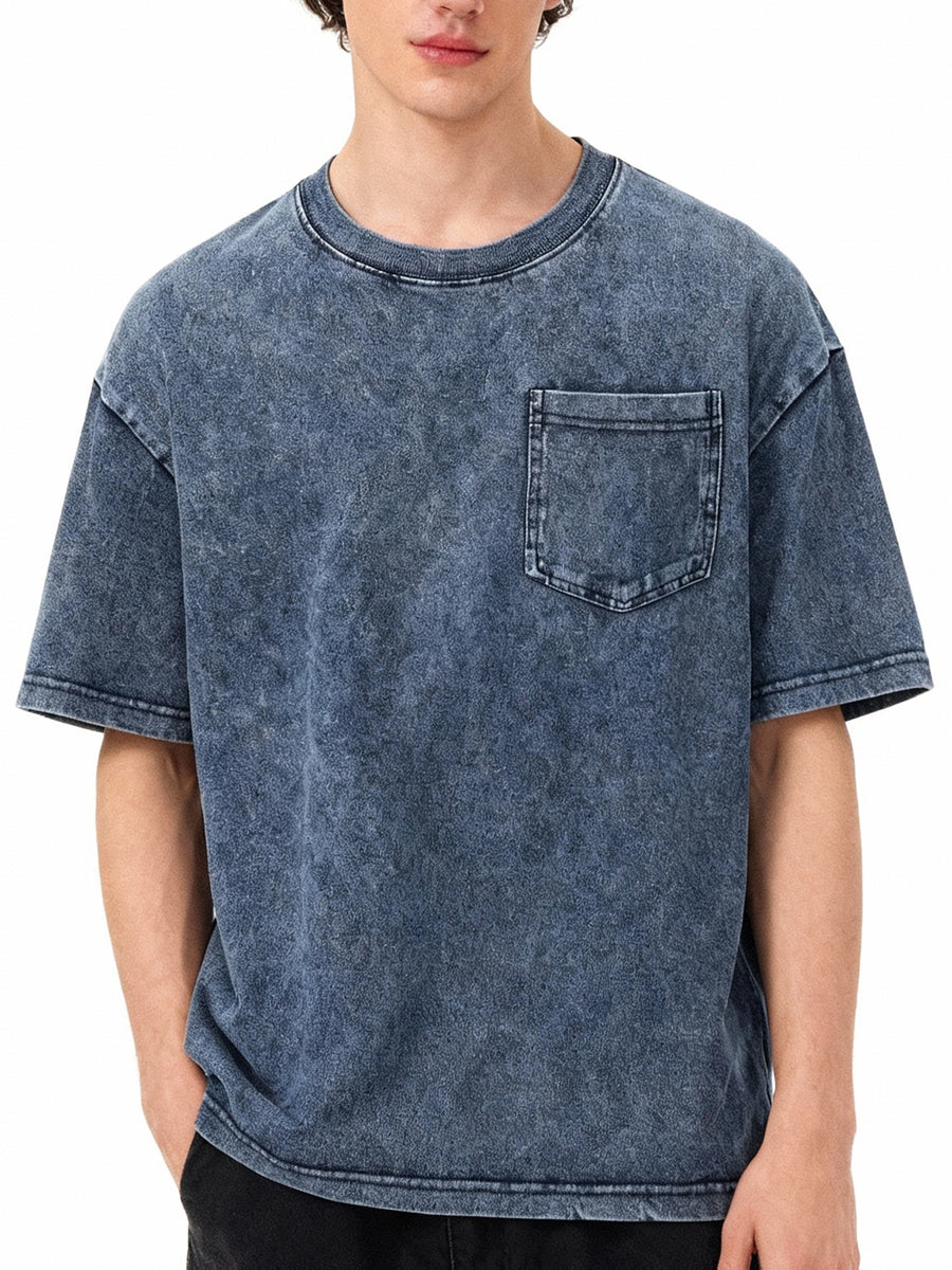 Spring Summer Fall New 240G Heavyweight Denim Washed T-Shirt Pocket Style Short Sleeve Loose American Vintage Trendy Brand Short Sleeve T-Shirt Men'S T-Shirt - Light Blue