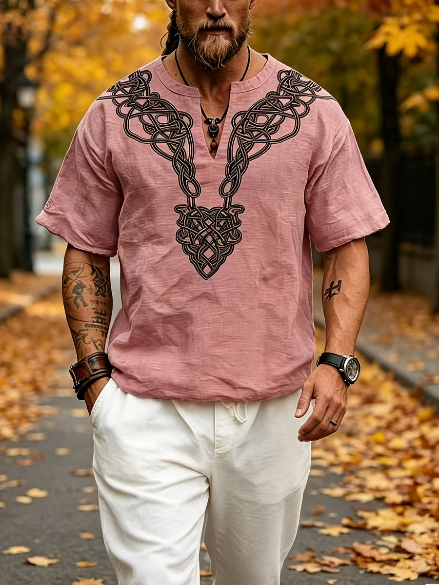 2026 Summer New Men'S Ethnic Style Short Sleeve Print V-Neck T-Shirt, Loose Casual Top - Pink Color