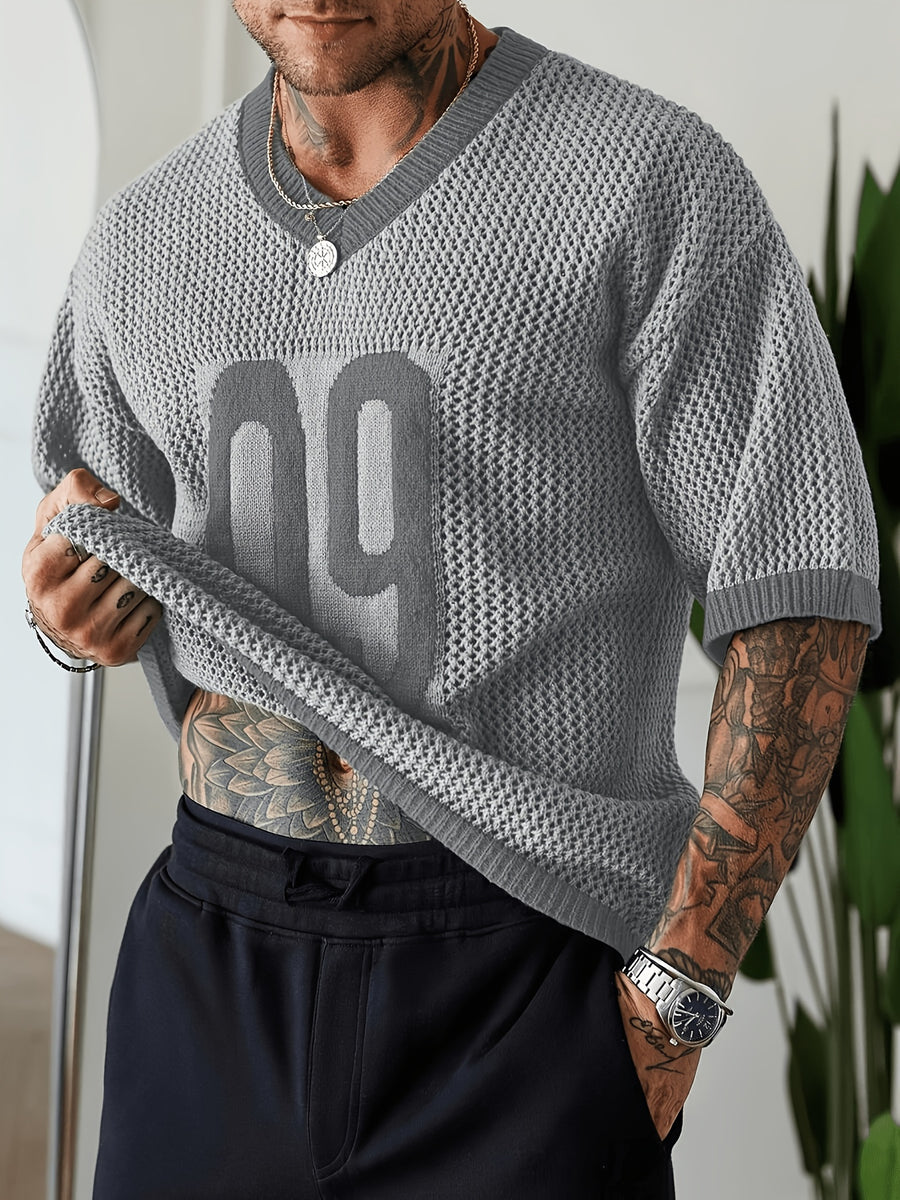 Spring Summer New Men'S Short Sleeve Hollow Loose Knit Pullover Top V-Neck Pullover Casual Outdoor Top - Grey