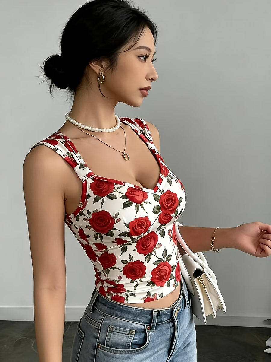 2026 New Sexy V-Neck Red Rose Print Summer Slim Fit Tank Top - White