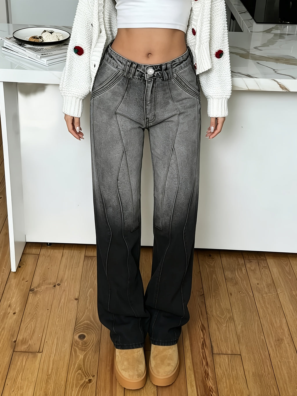 Women'S Gradient Gray Black Straight Leg Jeans, Seam Paneled Loose Denim Trousers, Vintage Washed Y2K Streetwear Denim Pants for Daily Wear - Black