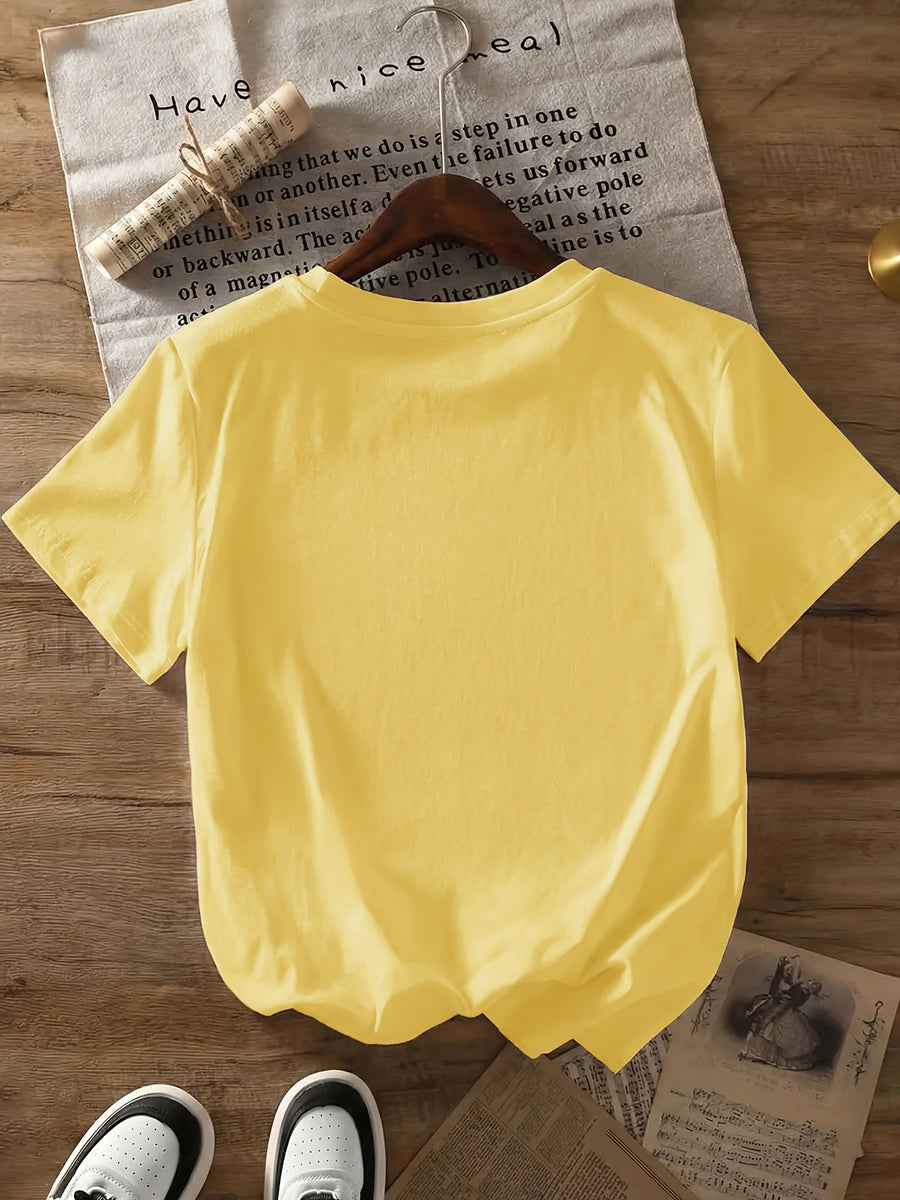 Women's High-Elastic Blouse T-Shirt Suitable for Café Visits, Picnic & Home Wear - Minimalist Smiling Face Print Round Neck Top, Machine Washable Non- Shirt for - Casual Outfits (Age-Reducing Versatile Wardrobe Staple) - Yellow