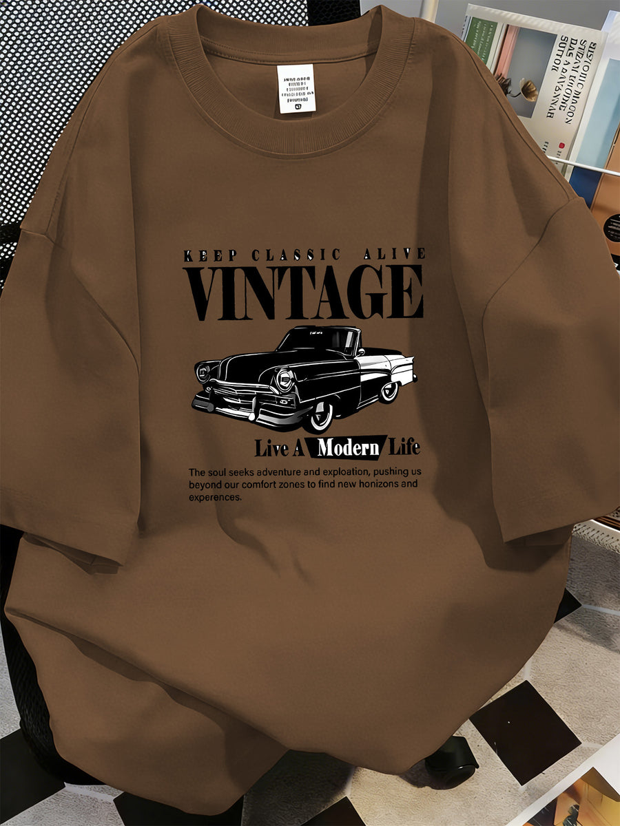 Classic Vintage Car Print T-Shirt, American Street Style Loose Fit Top - Coffee Brown