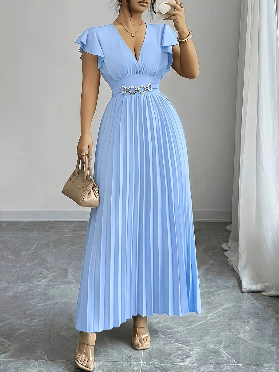 Spring And Summer New Elegant Ladies Slim V-Neck Dress with Pleated Craftsmanship, Large Skirt, Ruffled Lotus Leaf Sleeves, Valentine'S Day Party Gathering Elegant Dress, Commuting Fashion Skirt - Light Blue