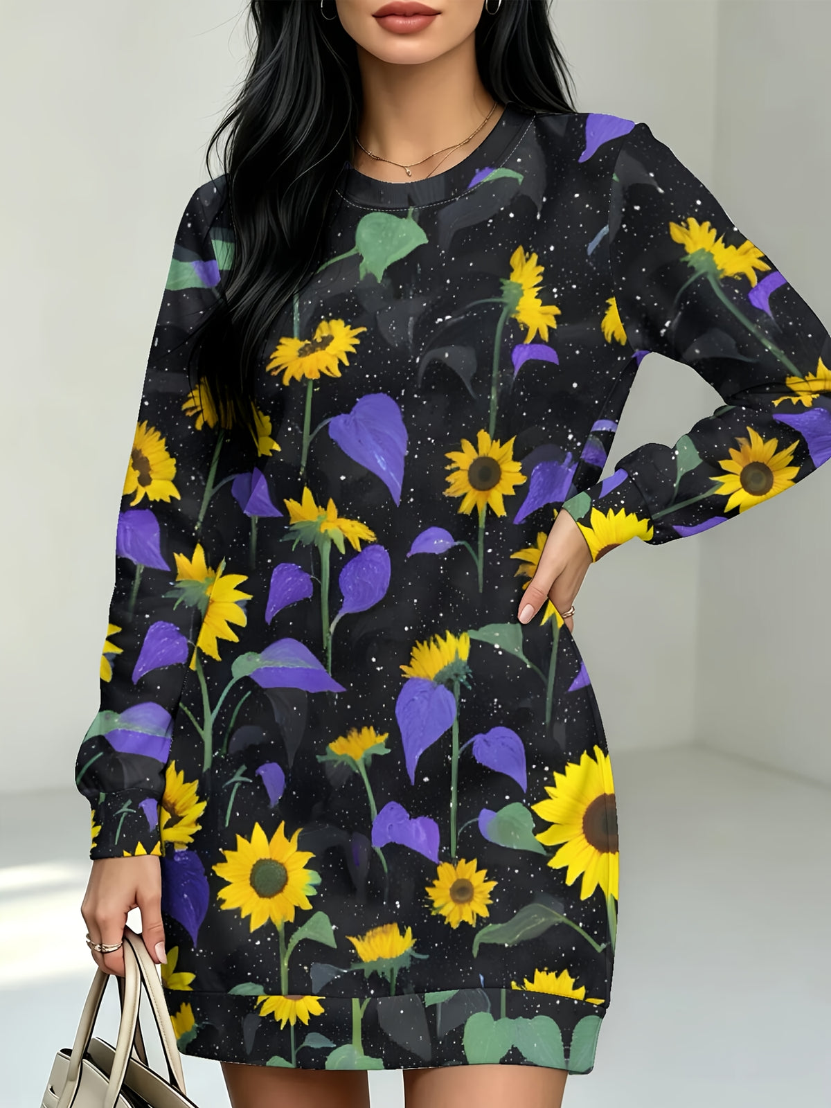 Women's Sunflower Print Maxi Dress Suitable for Commuting, Home & Dating - Full-Body Sunflower Print A-Line Dress with Crew Neck, Long Sleeve Style Dress for Fall/Winter, Casual to Semi-Formal Wear (Hand Washable) - Multicolor