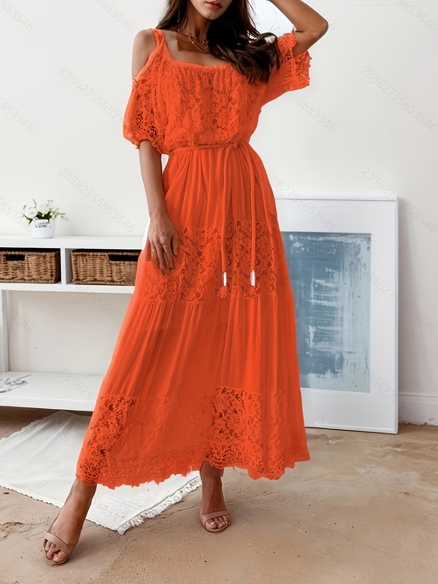 Latest Global Style Women's Bridesmaid Dress, Solid Color No Print, Casual and Appropriate, Fitted at the Top and Loose at the Bottom, Detailed Waistband, High-End Feel Wedding Guest Attire - Orange-red