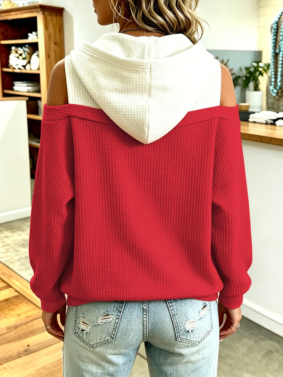 Waffle Colorblock Sweatshirt for Women, Off-Shoulder Design, Loose Fit, Contrast Color Hooded Sweatshirt, Elegant, Casual, and Simple - Fashionable and Versatile - Red With White A