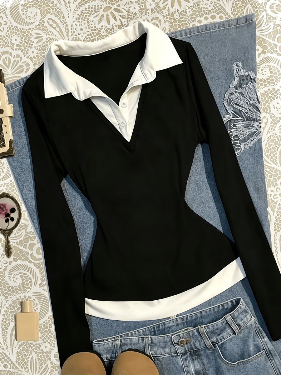 Elegant Women's Long-sleeve Lapel Shirt, Faux 2pcs Design with a Slim-fitting Waist, Casual Top Versatile for Daily Office and Outdoor Wear, a Back-to- Essential, a Premium Birthday Gift for Women - Black