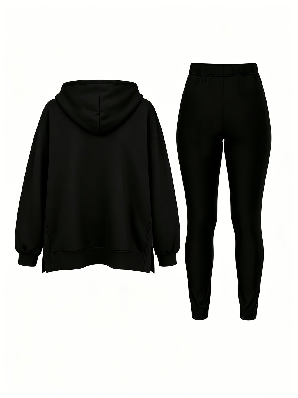 Autumn/Winter Set: Hooded Sweatshirt And Fitted Long Pants (Pattern Print Design) - Black With Black