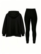 Autumn/Winter Set: Hooded Sweatshirt And Fitted Long Pants (Pattern Print Design) - Black With Black