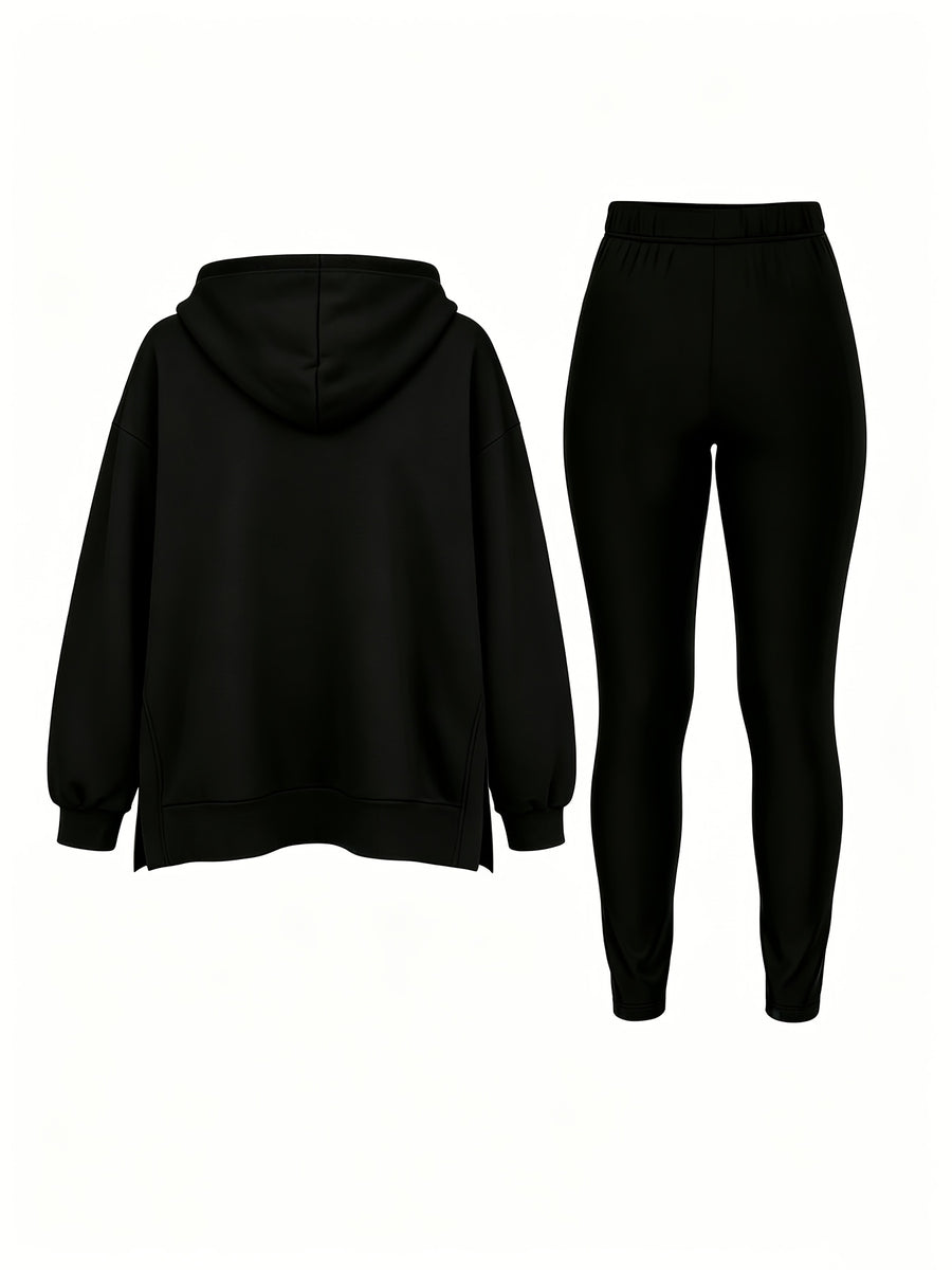 Autumn/Winter Set: Hooded Sweatshirt And Fitted Long Pants (Pattern Print Design) - Black With Black