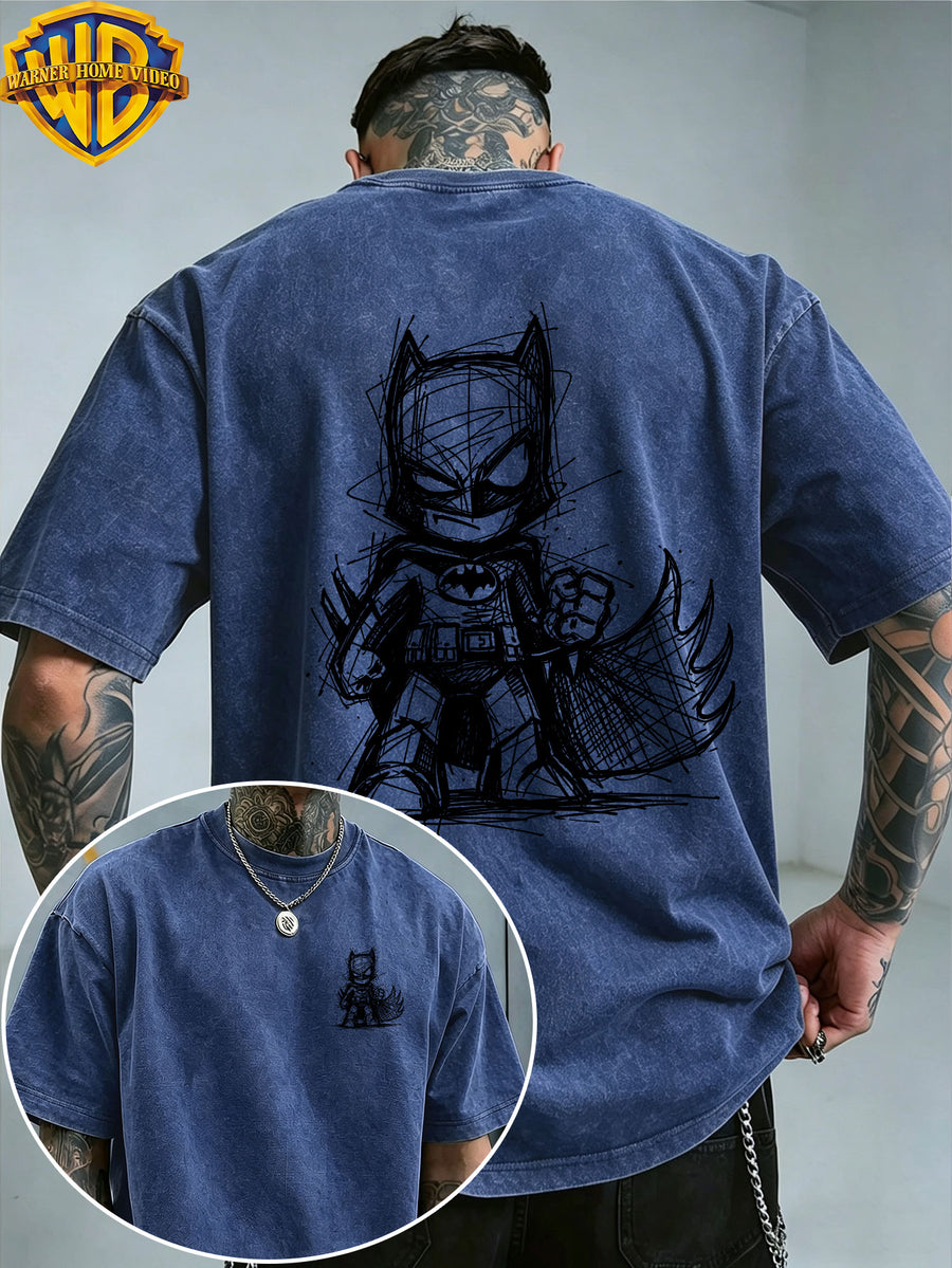 Warner Bros. Official License, Cape Q-Version Batman Sketch Double-Sided Print Washed Distressed Short Sleeve T-Shirt, American Retro Casual Top, Men'S Casual Comfortable Versatile Loose T-Shirt, Suitable for Daily Wear, Styling, And Gifting - Royal Blue