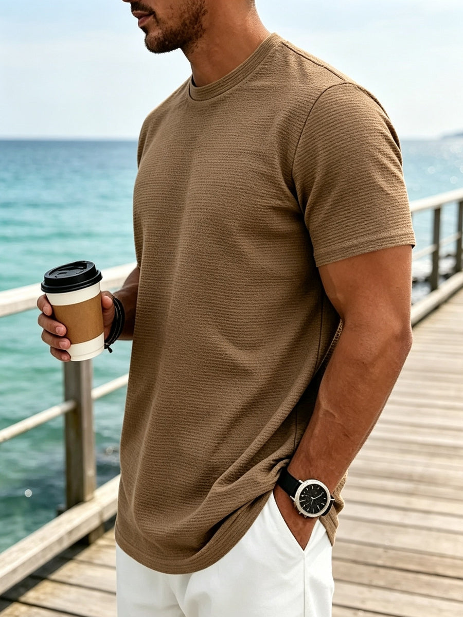 Summer Heavy Texture Men'S Loose Stretch Easy Basic Round Neck Trendy Short Sleeve - Dark Brown