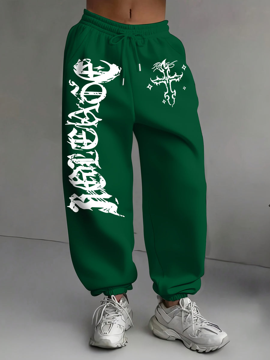 Graphic Print Regular Sweatpants, Autumn/Winter, Women's Clothing - Dark Green