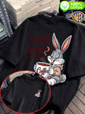 Coffee Healing Rabbit Front And Back Print Men'S T-Shirt, Unisex Fashion Top, Breathable And Sweat-Absorbing, Nontacky Back, Body Shaping, Casual Versatile, Suitable for Commuting, Fitness, Outdoor Activities, Street Style, Beach Vacation - Black