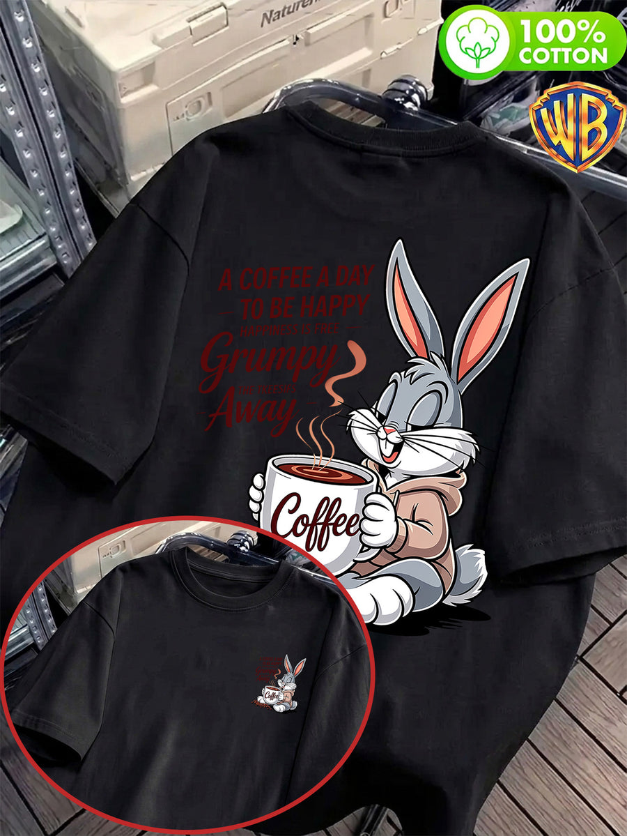 Coffee Healing Rabbit Front And Back Print Men'S T-Shirt, Unisex Fashion Top, Breathable And Sweat-Absorbing, Nontacky Back, Body Shaping, Casual Versatile, Suitable for Commuting, Fitness, Outdoor Activities, Street Style, Beach Vacation - Black