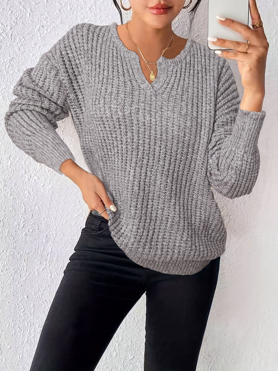 Women'S Casual Versatile Long Sleeve Sweater, Neckline Design - Multi-Functional Top, Suitable for Autumn Winter Casual Wear, All Seasons - Grey