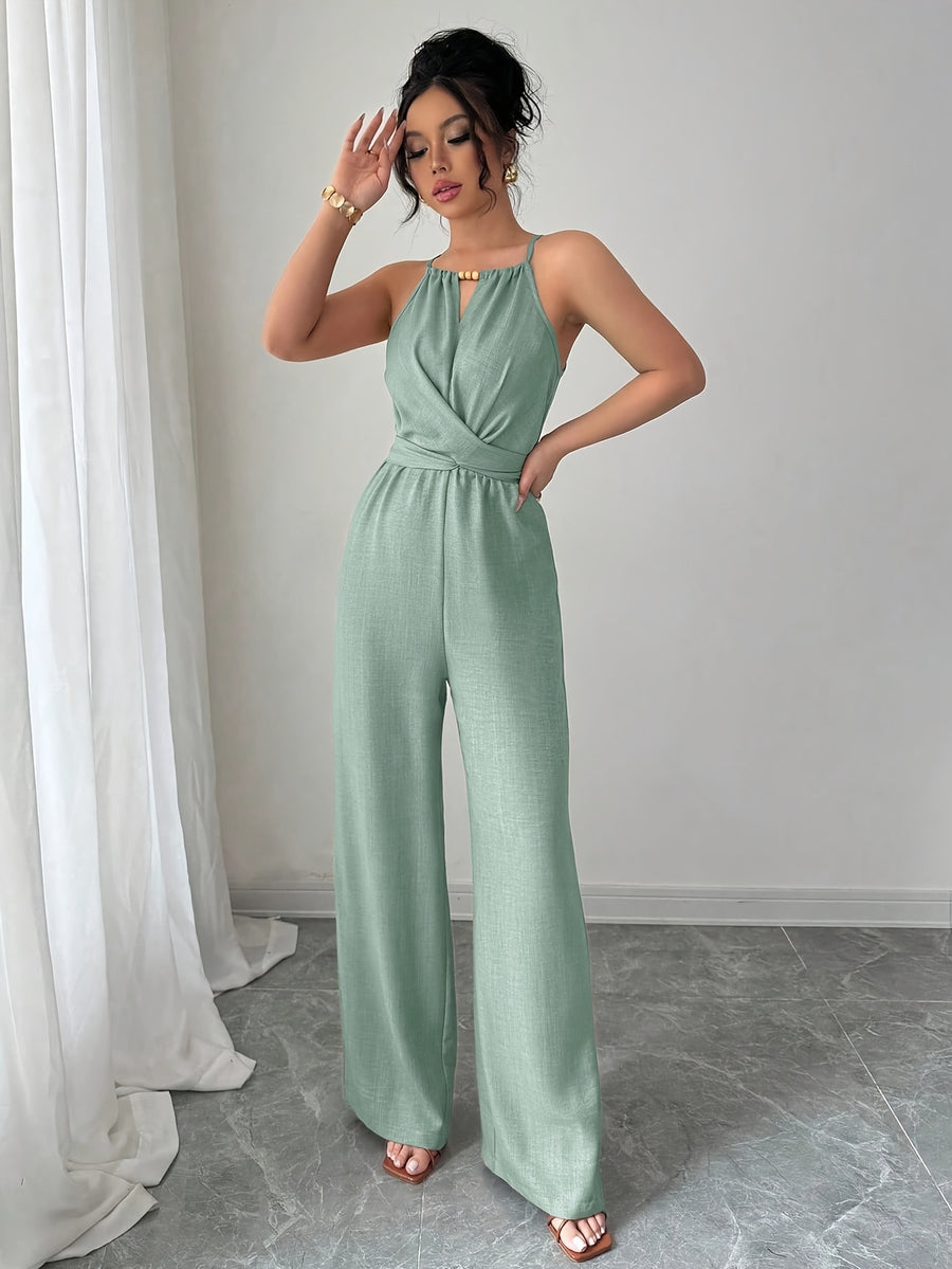Women's Spring/Summer Casual Pleated Strappy Twist-Waist Maxi Jumpsuit - Green