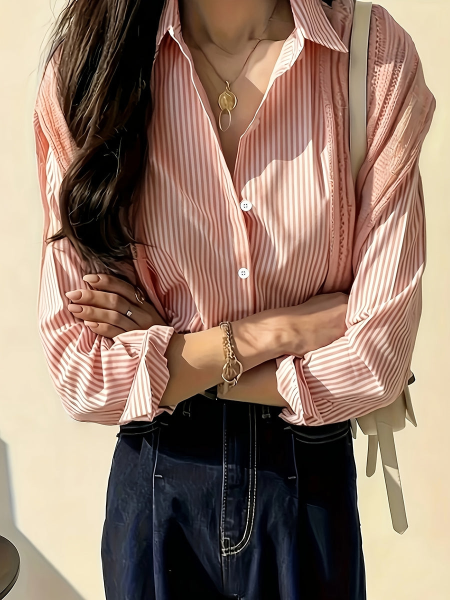 Women's Four-Season Striped Commuter Elegant Shirt - Pink