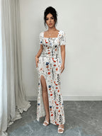 Women'S Summer Short Sleeve Dress, Digital Print Vacation Dress, Beach Vacation Dress, Slit Hem, Ruched Waist Long Dress - White