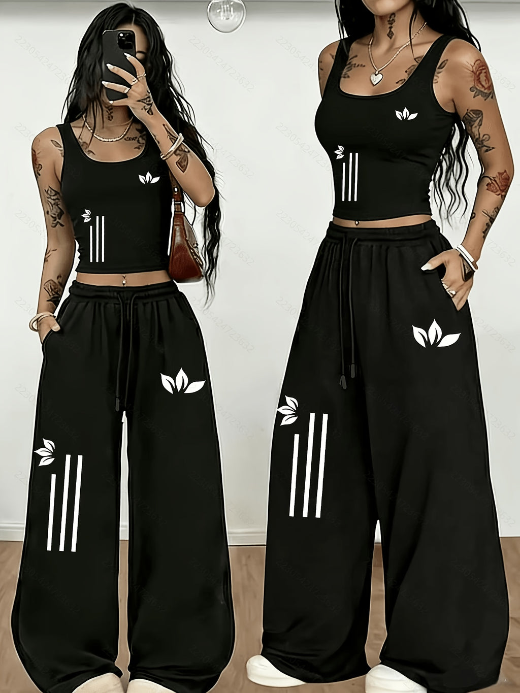 Western Street Style Black Sleeveless Vest Wide-Leg Pants Two-Piece Set Women'S Summer Casual Athletic Outfit Loose High-Waist Long Pants Set - Black