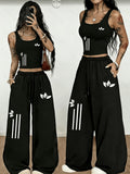 Western Street Style Black Sleeveless Vest Wide-Leg Pants Two-Piece Set Women'S Summer Casual Athletic Outfit Loose High-Waist Long Pants Set - Black