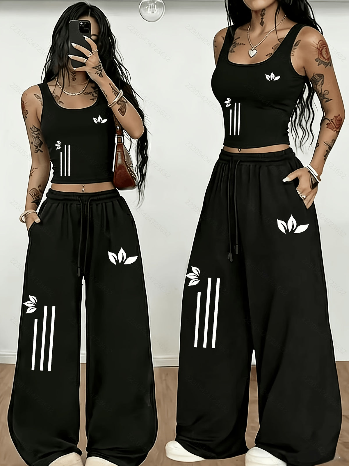 Western Street Style Black Sleeveless Vest Wide-Leg Pants Two-Piece Set Women'S Summer Casual Athletic Outfit Loose High-Waist Long Pants Set - Black