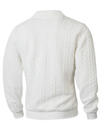 Men's Lapel Jacquard Knit Sweater for Spring, Autumn, and Winter, Casual Long-Sleeve Half-Open Front Zipper Fashionable Versatile Knit Outerwear Sweatshirt - White