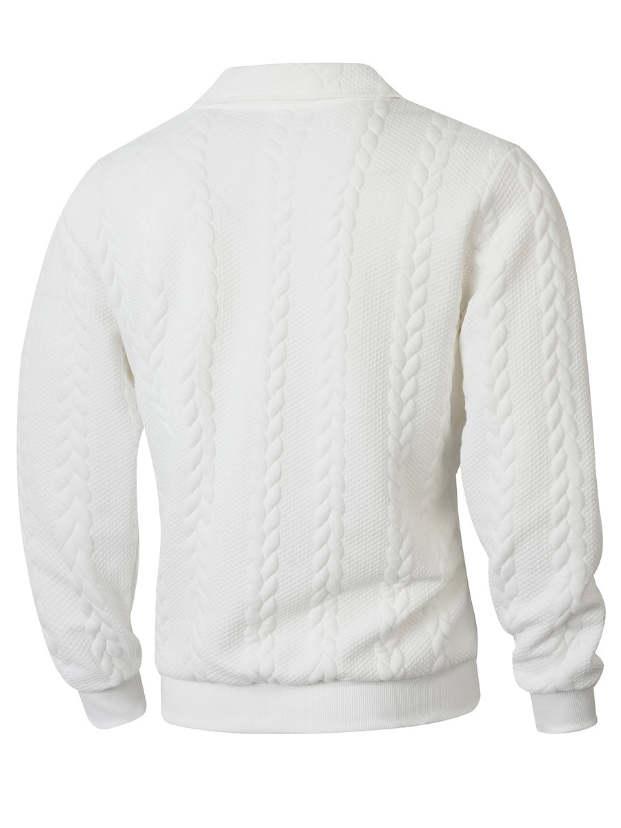 Men's Lapel Jacquard Knit Sweater for Spring, Autumn, and Winter, Casual Long-Sleeve Half-Open Front Zipper Fashionable Versatile Knit Outerwear Sweatshirt - White