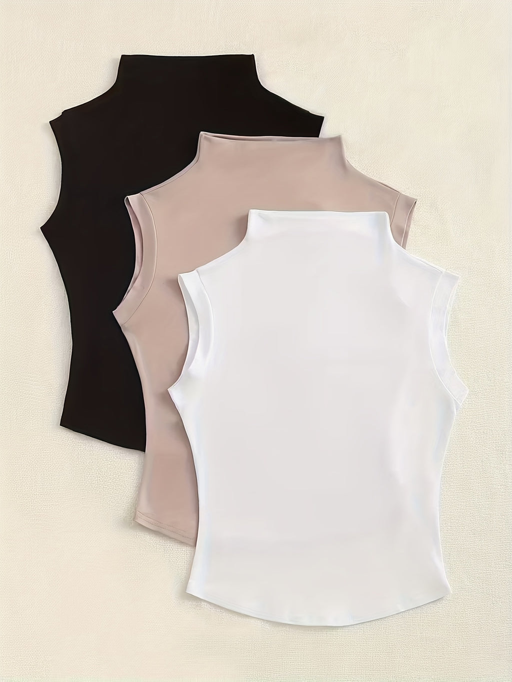 Women's Fashion Chic Casual High Neck Slim Fit Solid Color Sleeveless Tops 3pcs - White+Earth Gray + Black