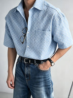 Men's Jacquard Textured Fabric Fashionable Casual Versatile Short-Sleeve Shirt Top - Light Blue