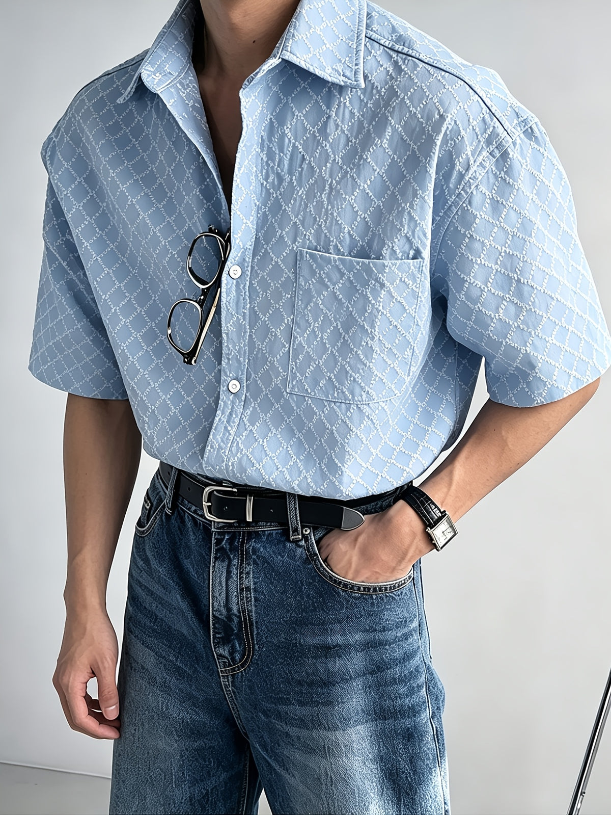 Men's Jacquard Textured Fabric Fashionable Casual Versatile Short-Sleeve Shirt Top - Light Blue