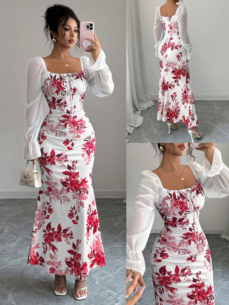 Women's Elegant Square Neck Dress with Chest Wrinkle Bow Accent - Slim-Fit Long Sleeve A-Line Dress, High Elasticity Fabric for Wedding, Date Night & Casual Attire, Machine Washable, All-Season A-Line Dress - Scarlet red