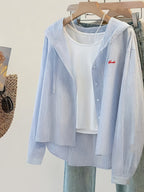 Women's Vertical Stripe Blue Embroidered Casual Shirt - 2026 New Hooded Shirt - Powder blue