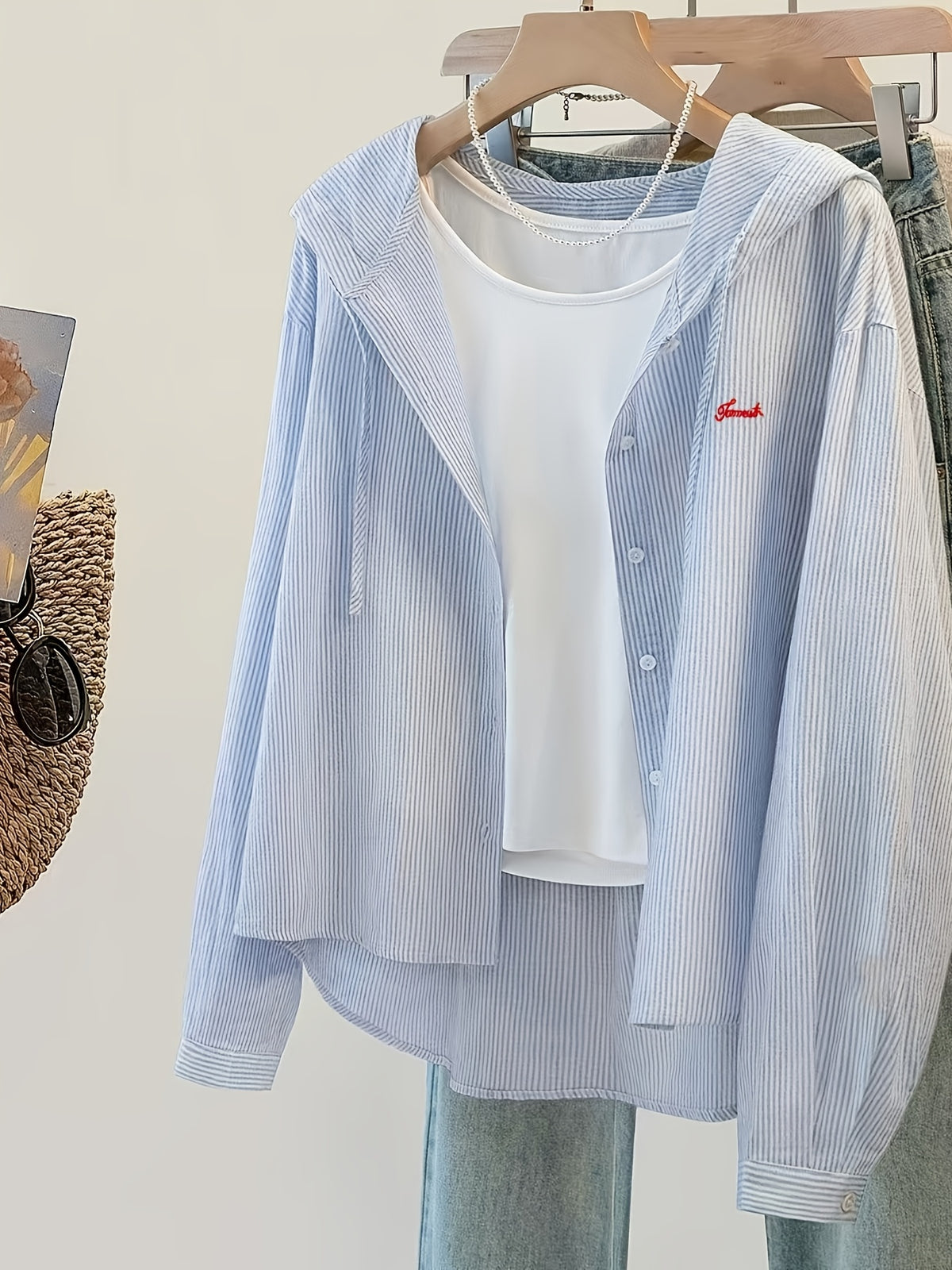 Women's Vertical Stripe Blue Embroidered Casual Shirt - 2026 New Hooded Shirt - Powder blue