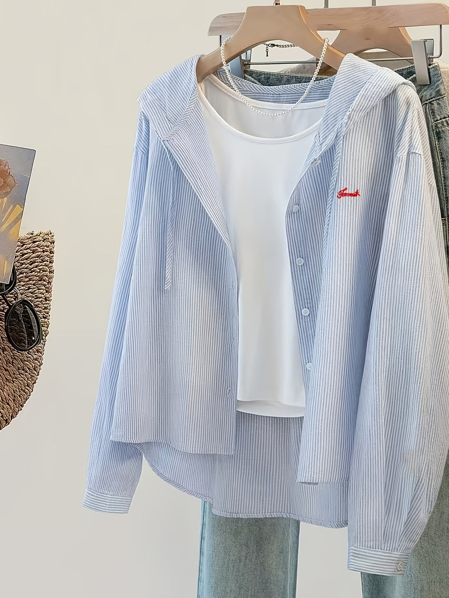 Women's Vertical Stripe Blue Embroidered Casual Shirt - 2026 New Hooded Shirt - Powder blue